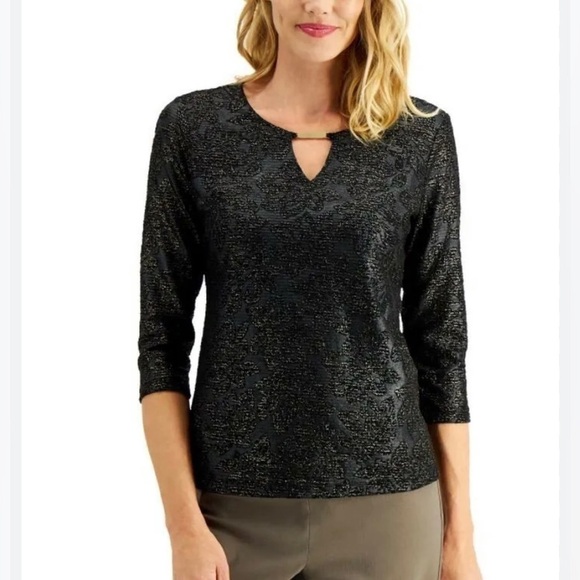 JM COLLECTION BLACK GOLD JACQUARD TOP SZ S CAREER CHURCH DATE NIGHT - Picture 1 of 13